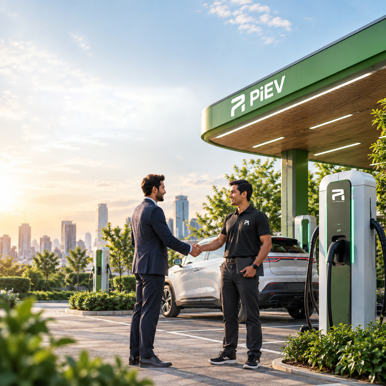 An electric vehicle charging at a solar-powered station